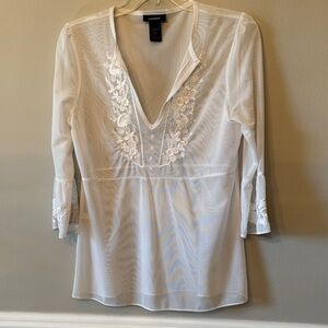 Express Sheer White V-Neck Tunic with Floral Embroidery
